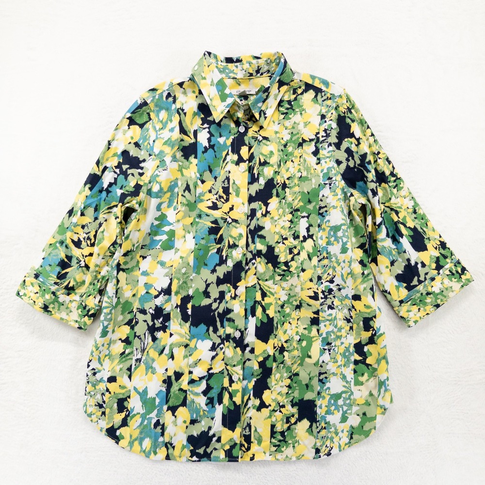 Chico's Womens Button Down Shirt 0.5 Small Green Yellow Floral 3/4 Sleeve